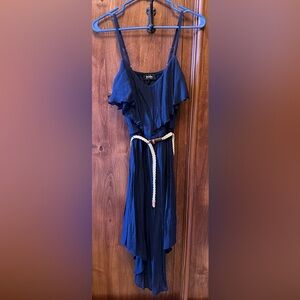 Navy Pleated Ruffle Midi Dress with Braided Ivory Belt